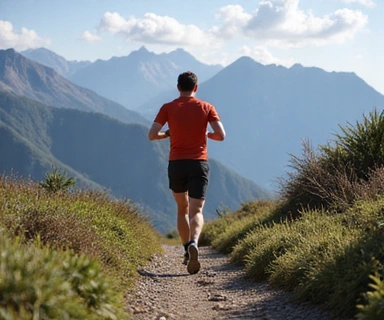 Atleta masculino corriendo con determinación en un rastro de montaña.