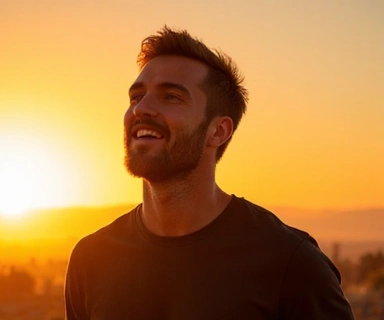 Hombre sintiéndose enérgico y vibrante, disfrutando de un amanecer.