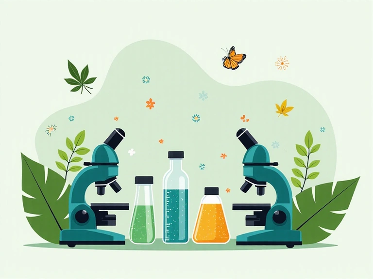 Imagen abstracta que representa la investigación científica y la naturaleza, con elementos como microscopios, probetas y hojas verdes.
