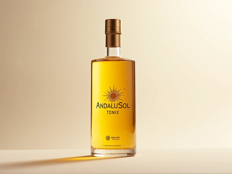 Botella de tónico de AndaluSol Tonix Store mostrando la etiqueta y el líquido dorado.
