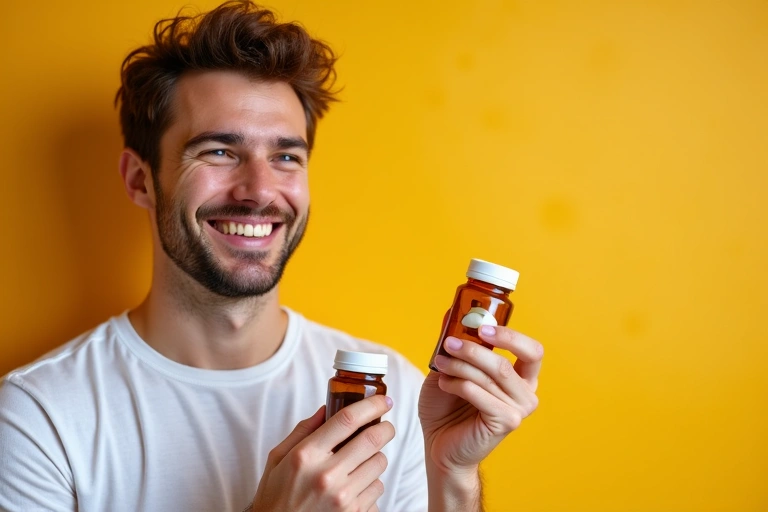 Hombre feliz y saludable tomando un suplemento natural, sonriendo, con un fondo brillante y natural.