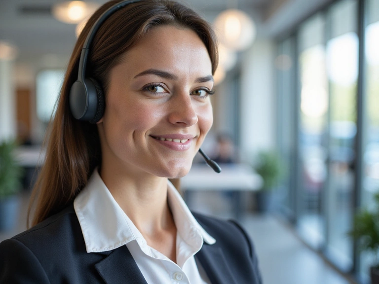 Representación visual de un servicio al cliente amigable y eficiente, con un agente sonriente listo para ayudar. Fondo luminoso y profesional.