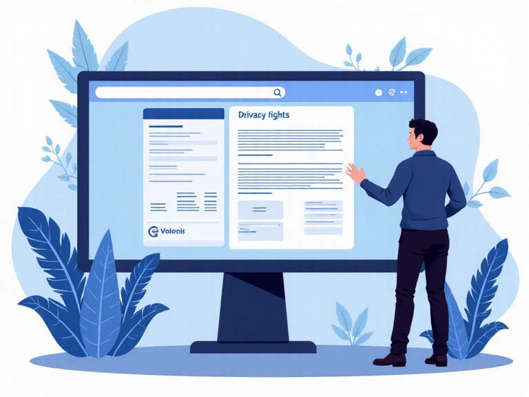 Ilustración de una persona revisando sus derechos de privacidad en una pantalla