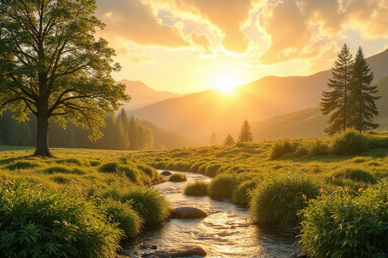 Paisaje natural sereno con tonos cálidos y soleados, simbolizando orígenes naturales y bienestar.