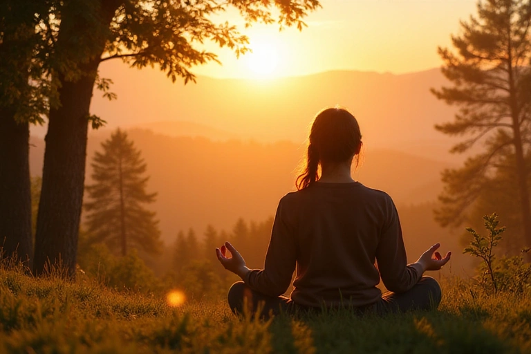 Persona meditando en un entorno natural al amanecer, simbolizando un enfoque holístico de la salud y el equilibrio.